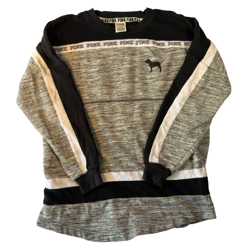 Victoria's‎ Secret PINK Gray Black Colorblock Logo Tape Crewneck Sweatshirt XS